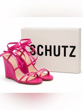 SCHUTZ Deonne Hot Pink Leather Multi-Strap Ankle Wrap Wedge Sandals NIB
